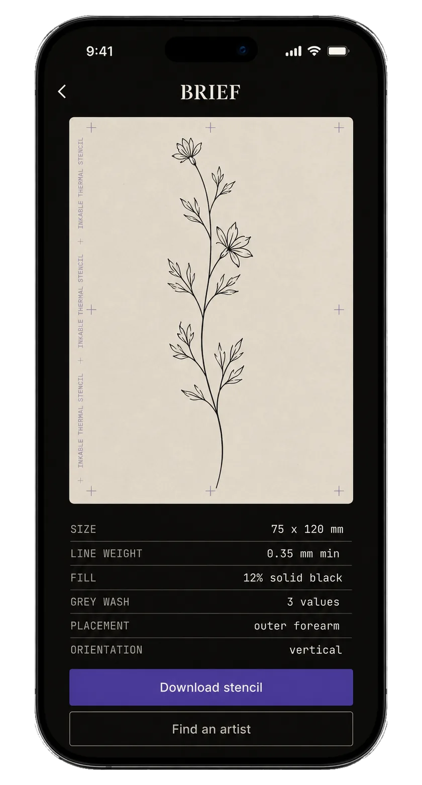 A stencil sheet and technical specification ready for a tattoo artist