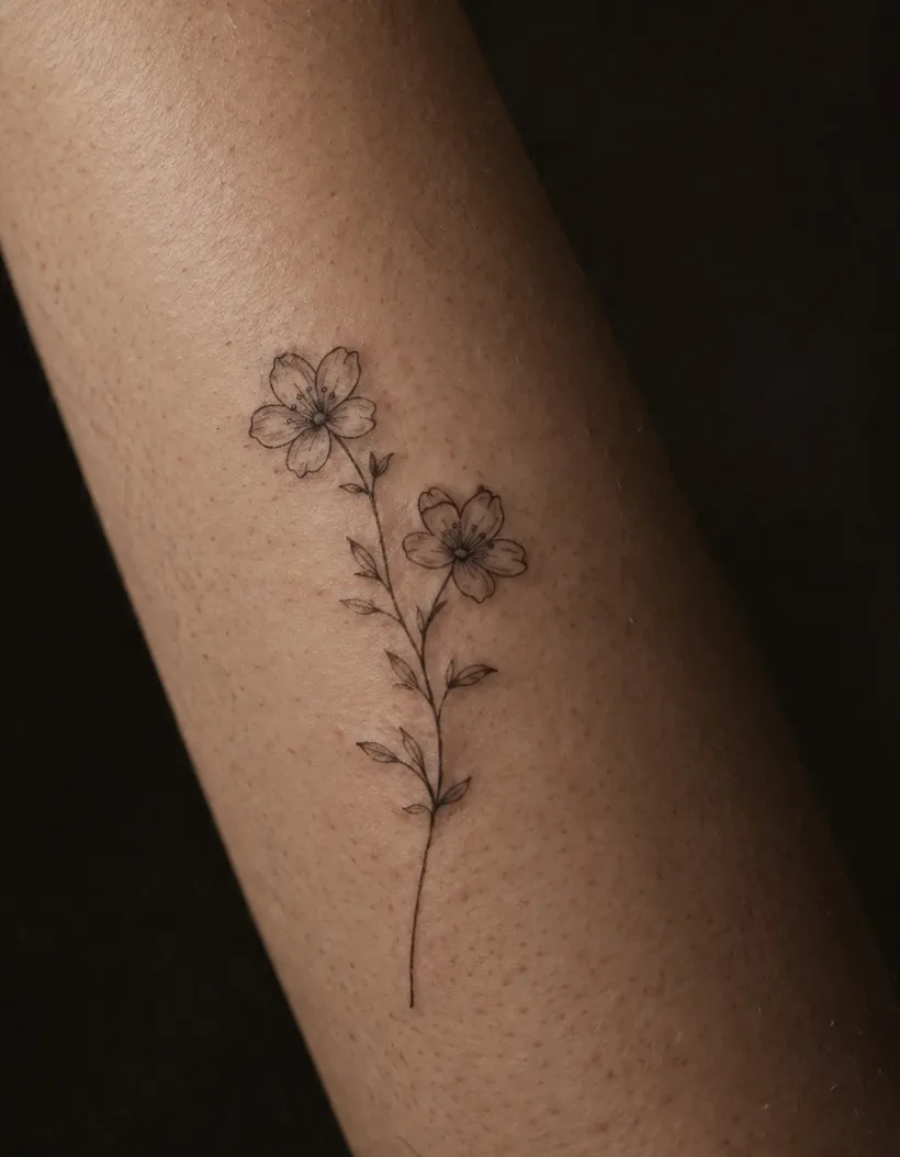 A fine line botanical tattoo on a forearm, freshly healed